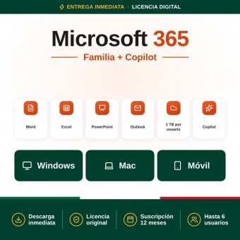 Microsoft 365 Familia para 6 PC o Macs + Copilot - Suscripción: 12 meses