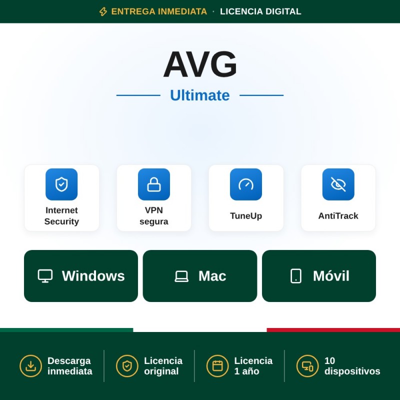AVG Ultimate 10 Dispositivos 1 Año (Internet Security + VPN + TuneUp) Descarga Digital