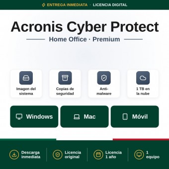 Acronis Cyber Protect Home Office Premium para PC/MAC + 1 TB almacenamiento en la nube - 1 año