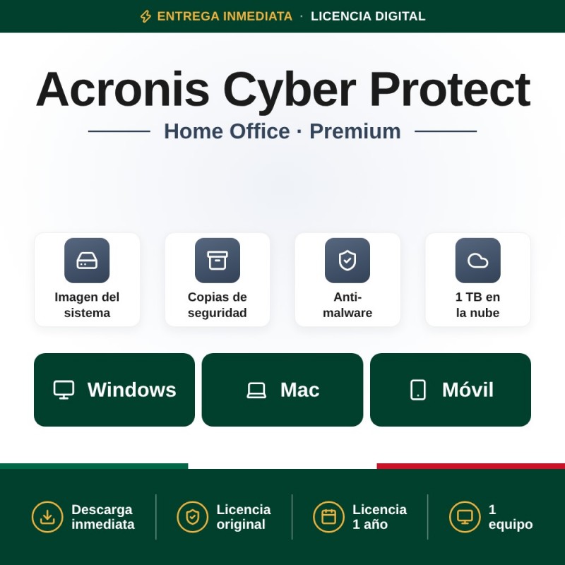Acronis Cyber Protect Home Office Premium para PC/MAC + 1 TB almacenamiento en la nube - 1 año