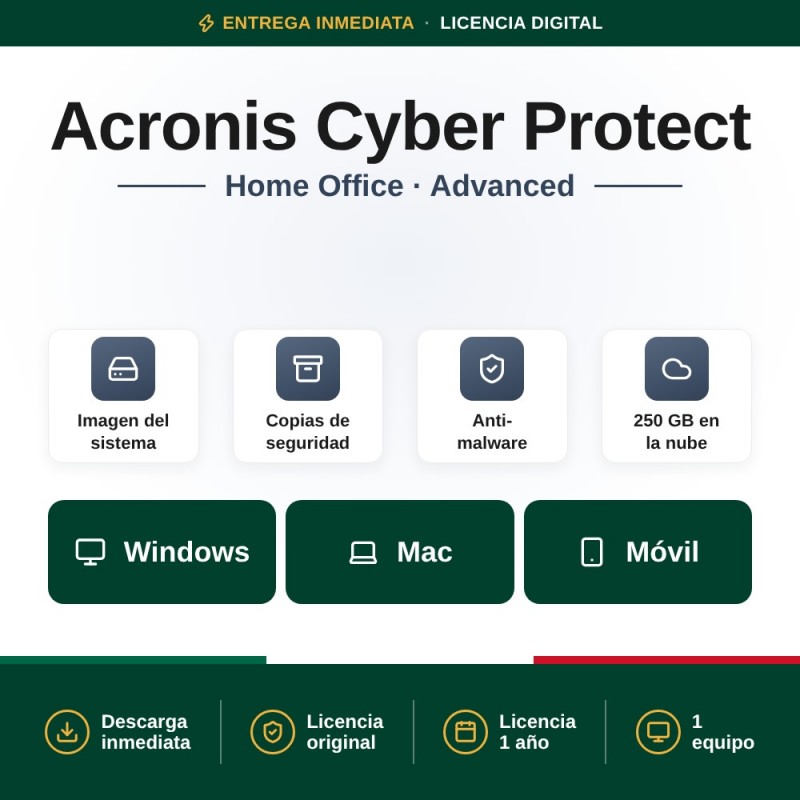 Acronis Cyber Protect Advanced para PC/MAC + 250 GB almacenamiento en la nube - 1 año